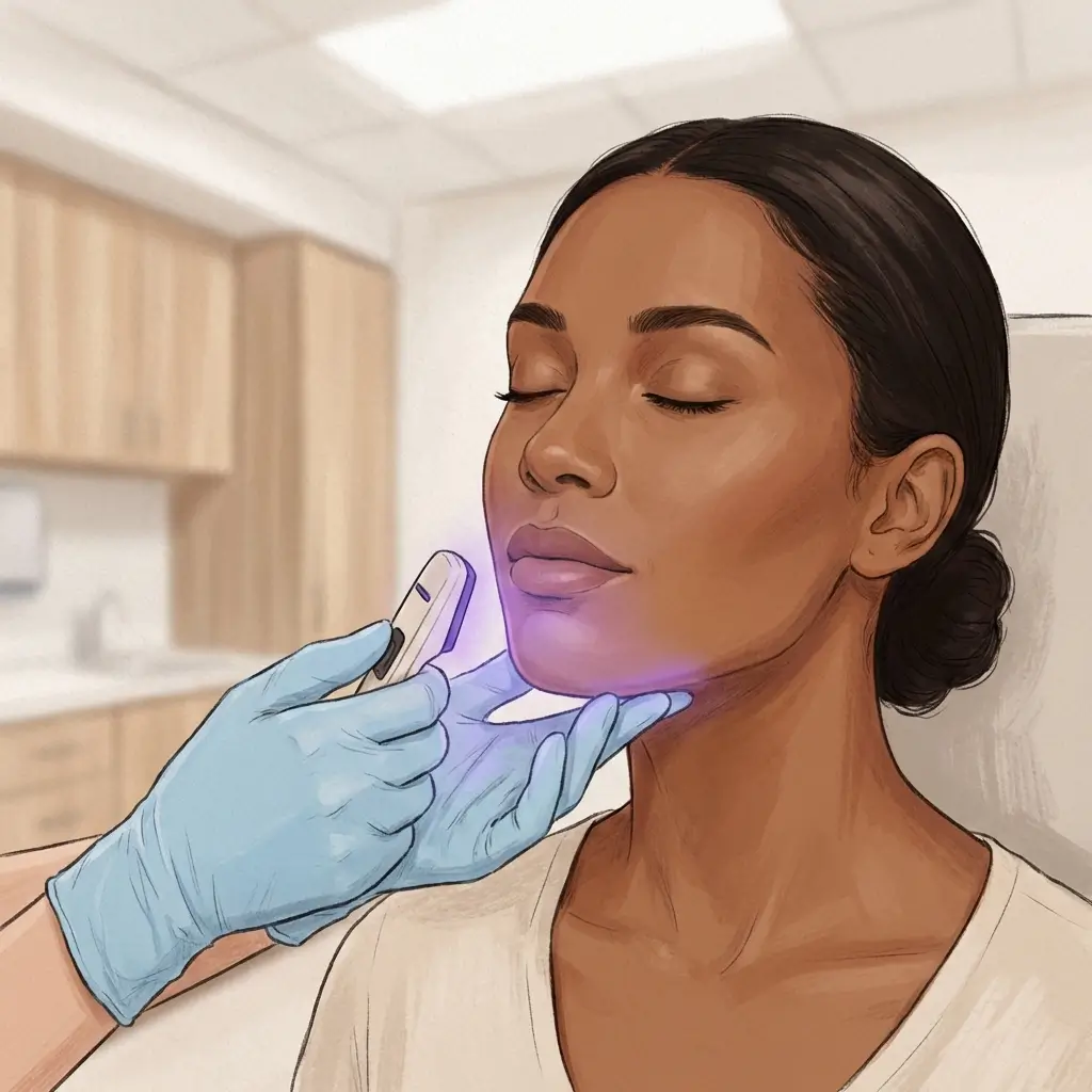 Wood's lamp being held near a woman's jawline to assess pigment depth