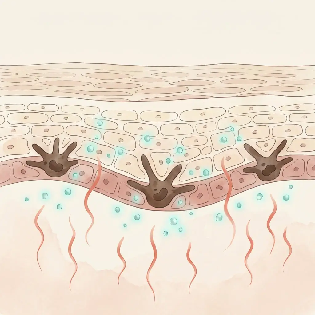  Skin cross-section showing melanocytes surrounded by ambient insulin and inflammatory signals from below