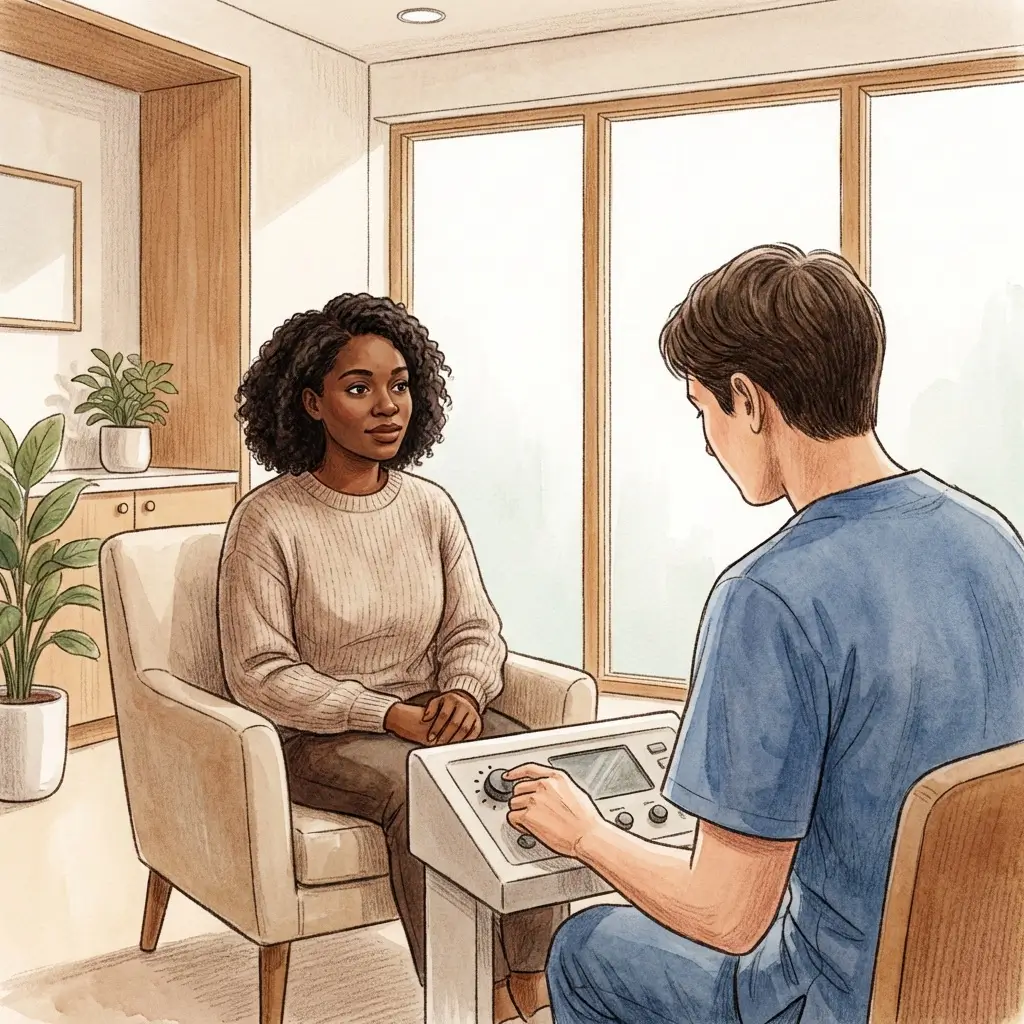  Woman with deep skin tone in a careful clinical consultation