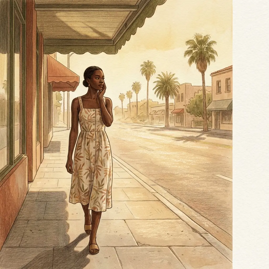 Woman in a warm outdoor setting, aware of the heat on her skin.