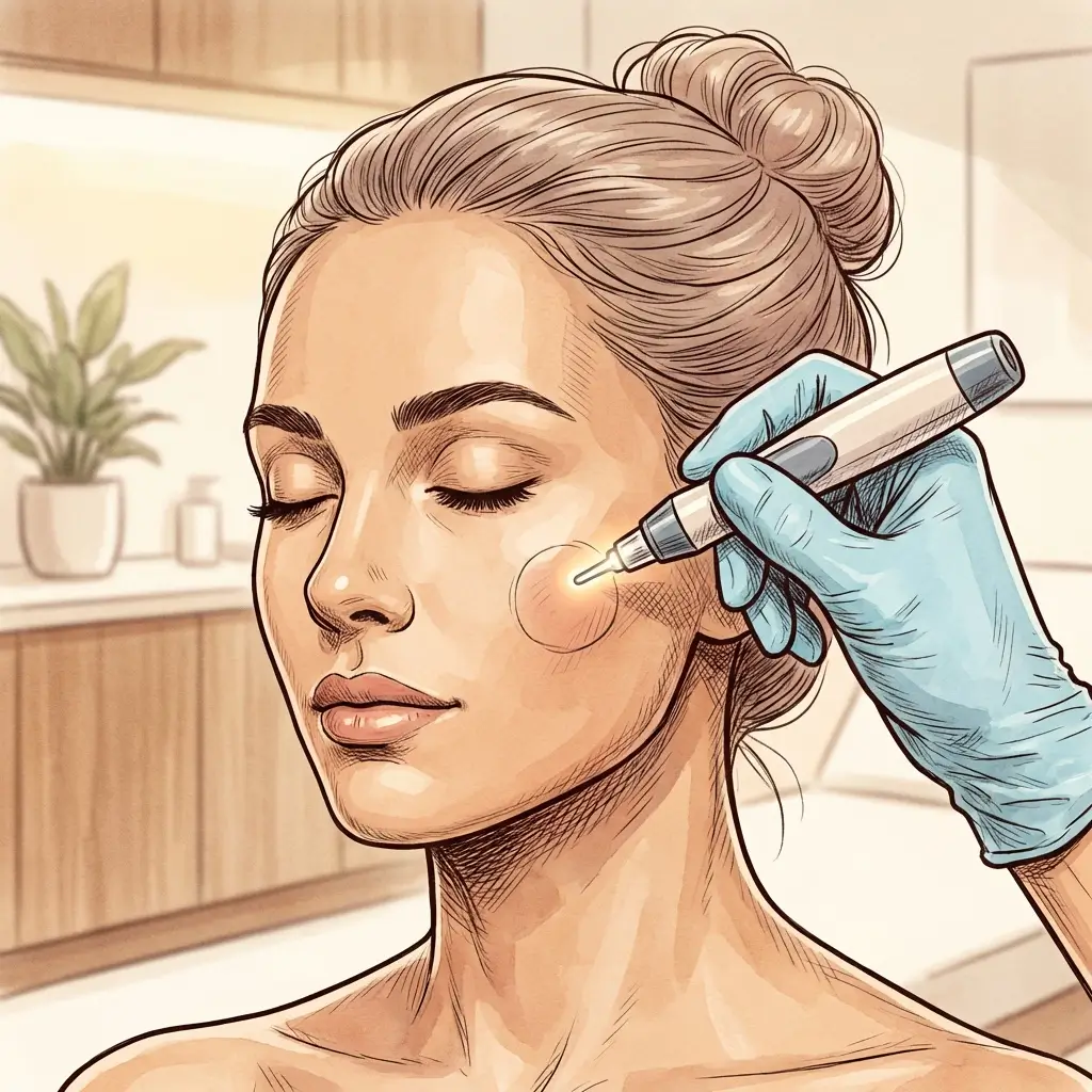 provider precisely targeting a sun spot on a woman's cheek with a small device.