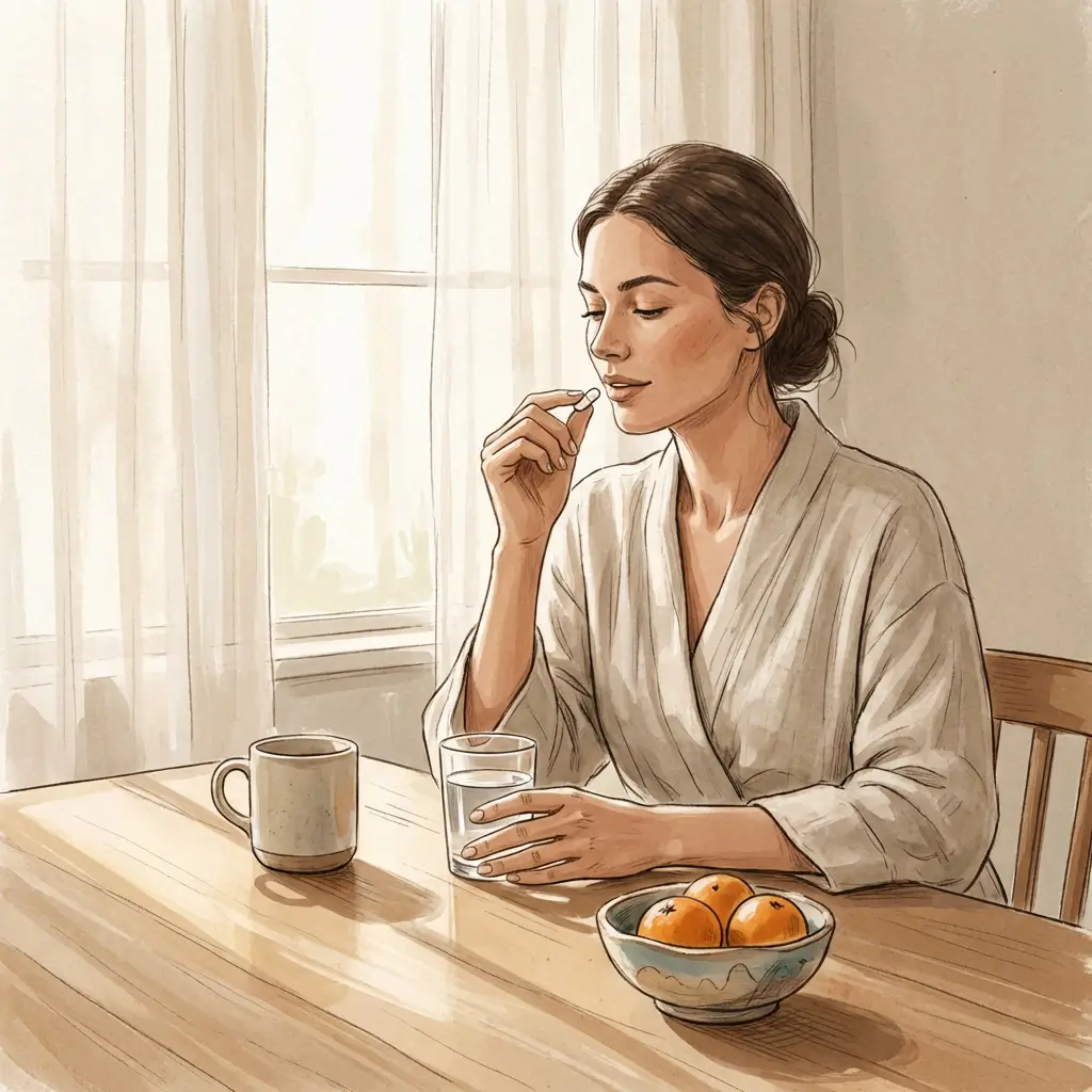 Woman taking a supplement as part of a calm daily routine