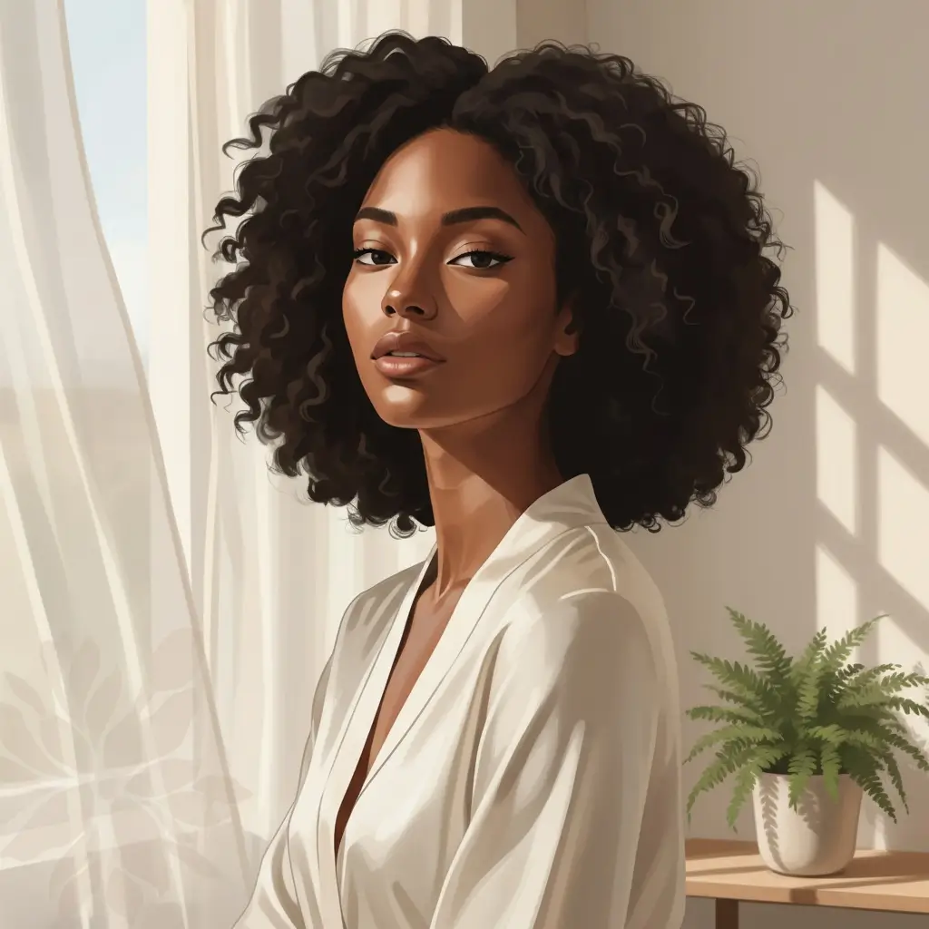 woman with rich dark brown skin in soft window light, expression steady and self-aware