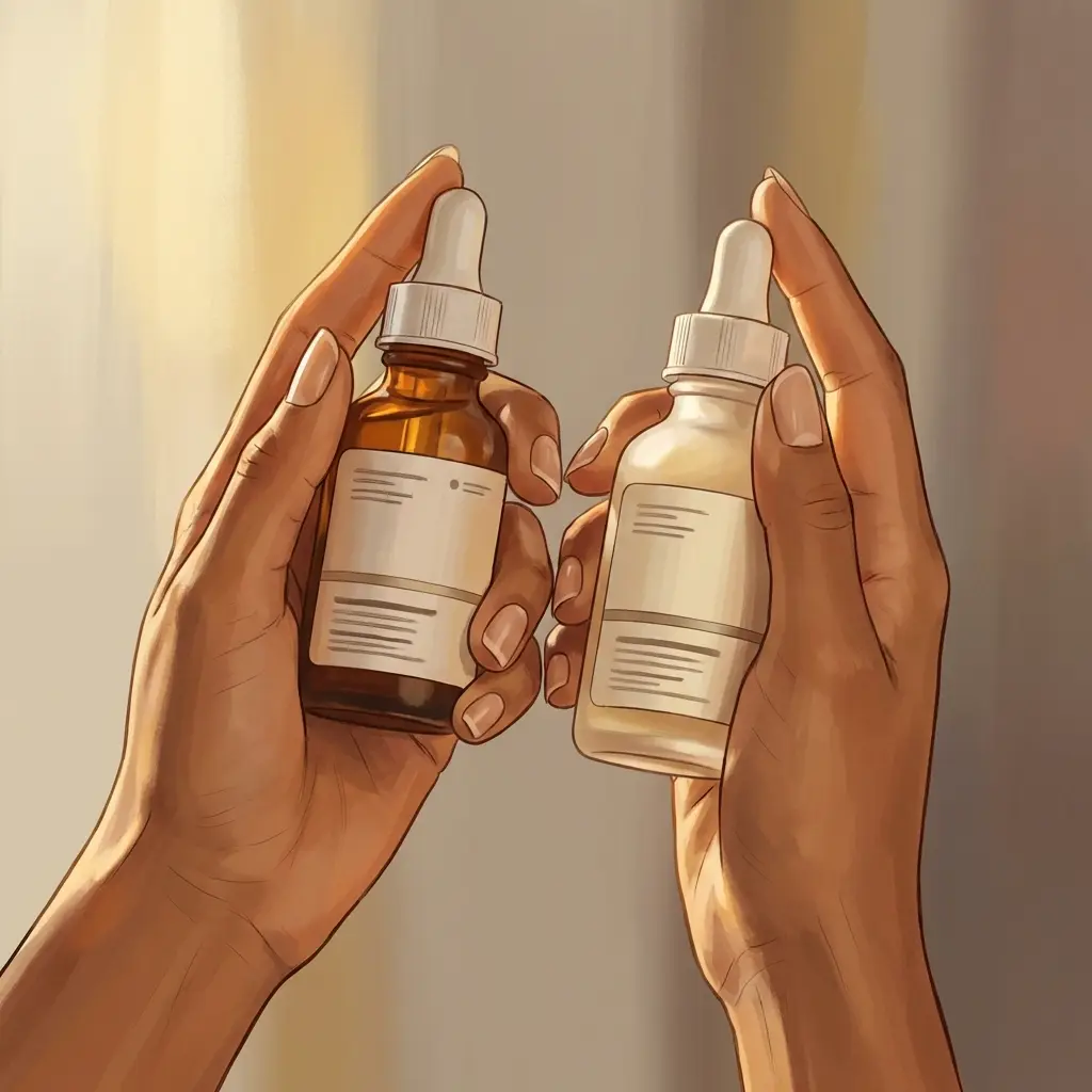  Hands comparing two skincare serum bottles