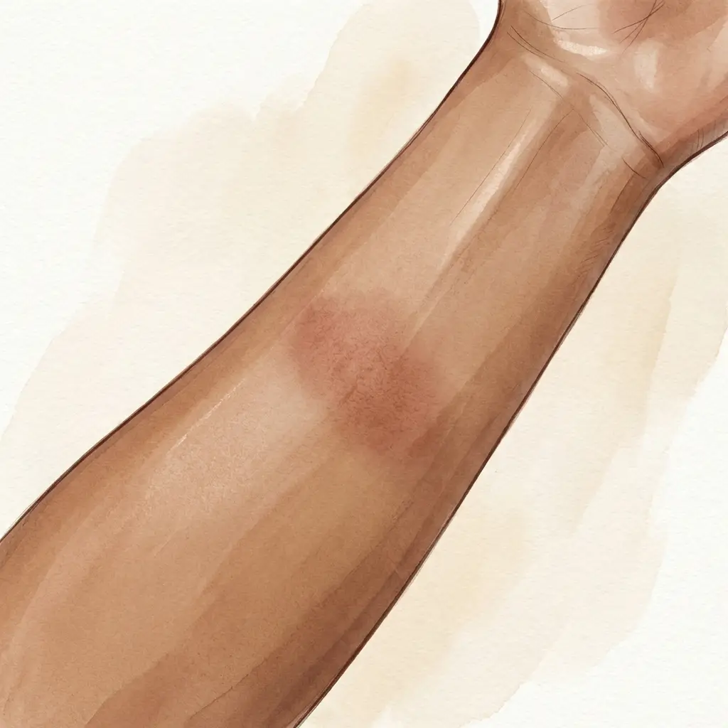 Forearm showing mild redness near a hyperpigmented area