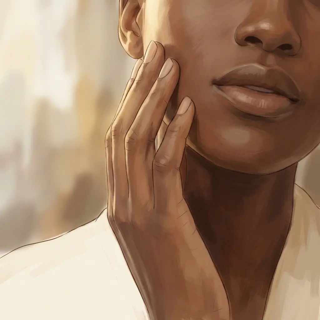 Hand touching a cheek showing healthy skin texture