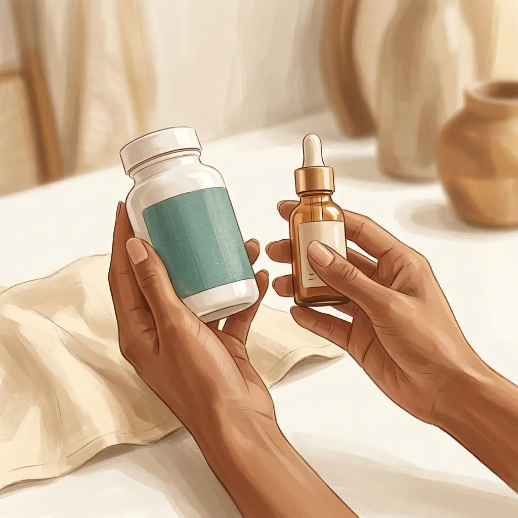 Hands holding a supplement bottle alongside a skincare serum