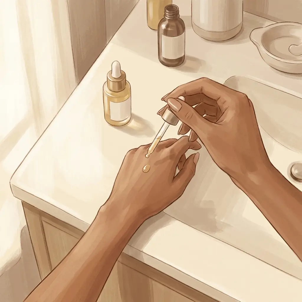 Hands performing a patch test with a serum