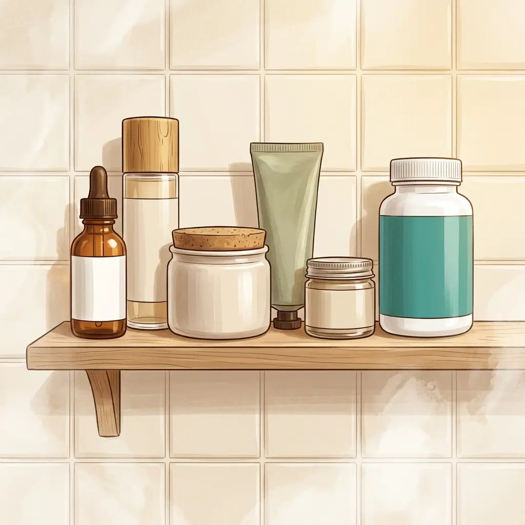 Organised skincare products on a bathroom shelf