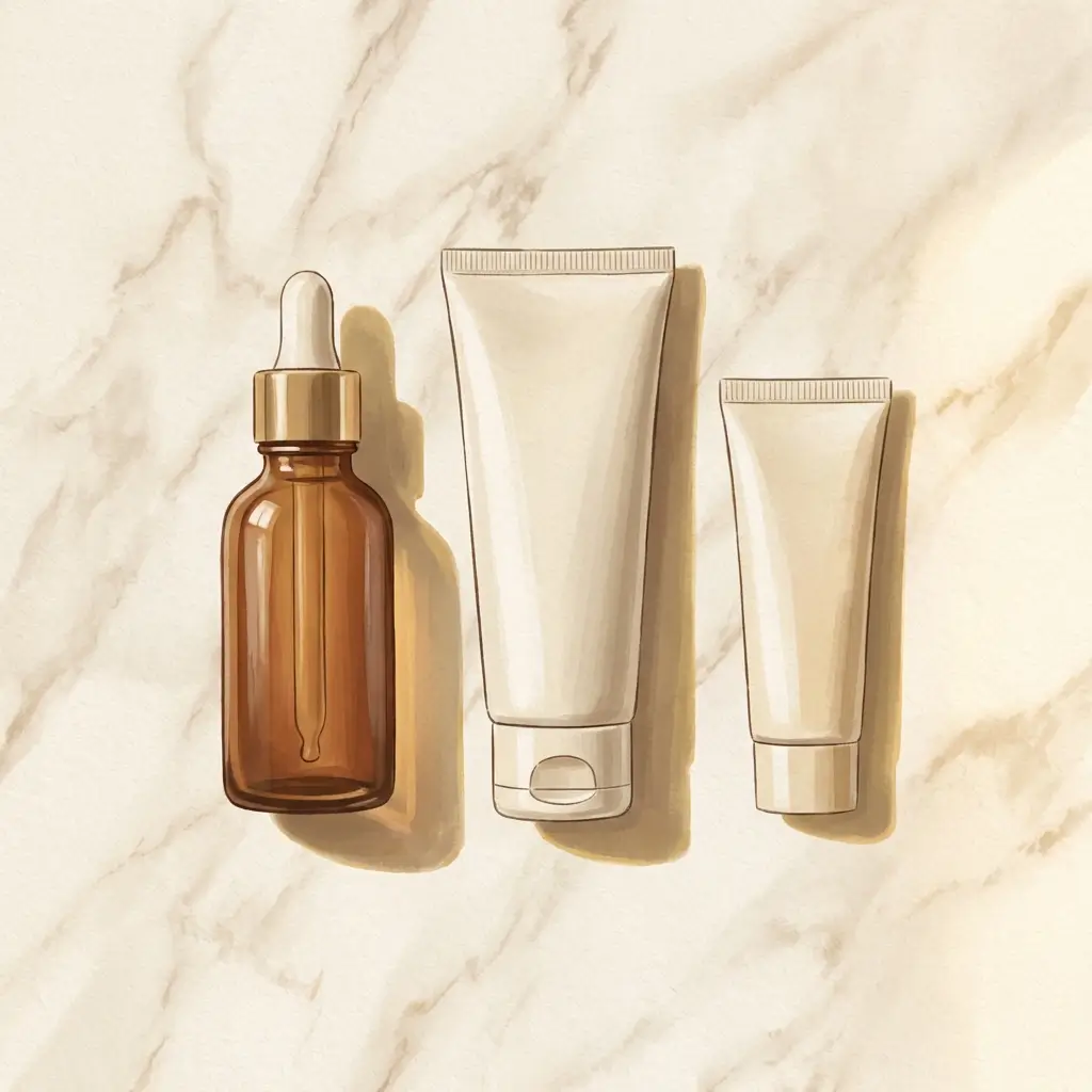 Single serum bottle next to moisturiser and sunscreen